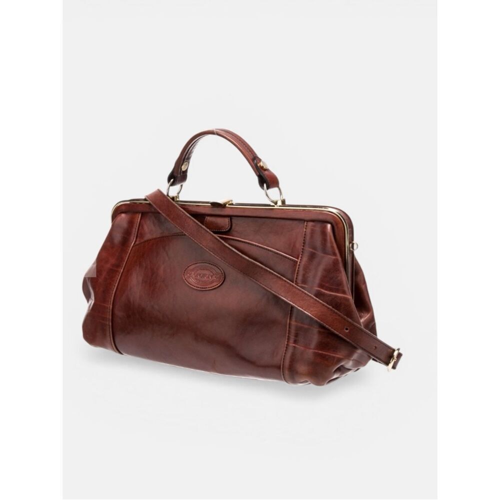 Oroton Brown Leather Doctor Bag Frame Satchel Kiss Lock Top Handle Crossbody Vtg